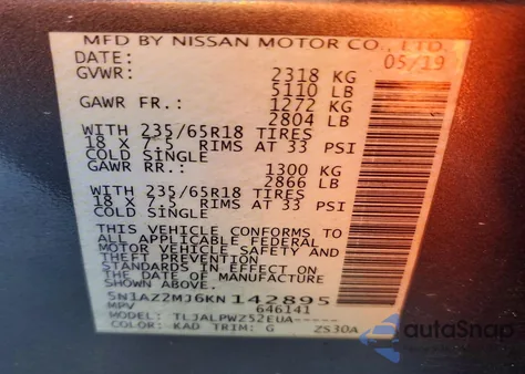 2019 Nissan Murano S z USA, uszkodzony, nr VIN 5N1AZ2MJ6KN142895